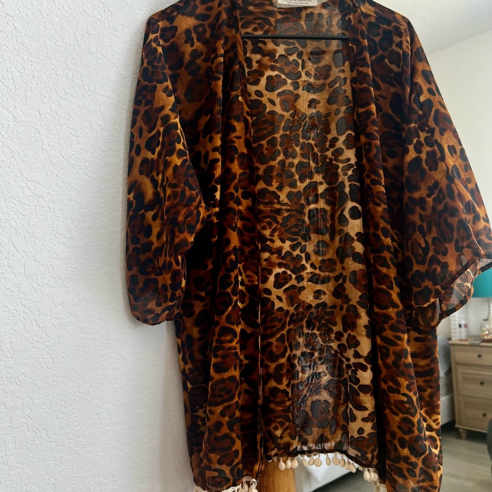 Leopard Print Sheer Kimono with Fringe